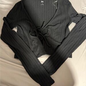 SO Black Ribbed Tie-Front Sweater